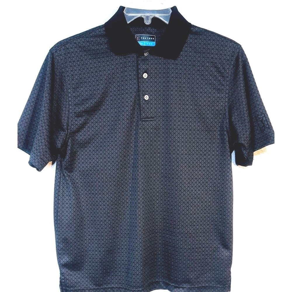PGA Tour Men's Golf Polo Shirt Sz Medium Black‎ Gray Pattern Collared activewear